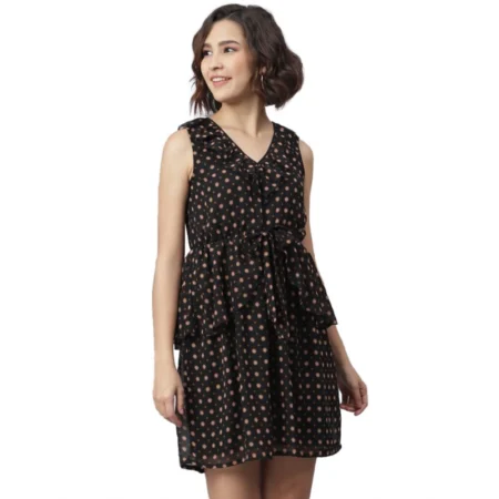 Generic Women's Polyester Peplum Sleeveless Above Knee Dress (Black) - Image 1