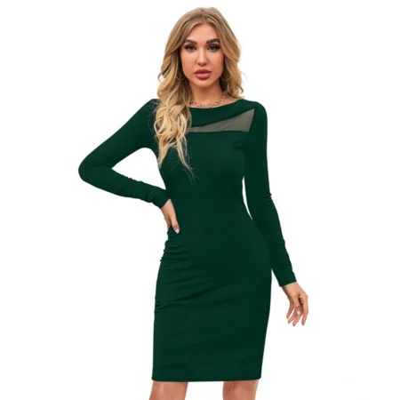 Generic Women's Knitting stretchable Solid Round Neck Full Sleeve Dress (Green ) - Image 1