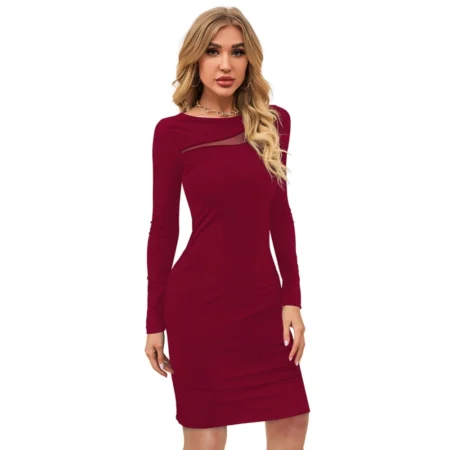 Generic Women's Knitting stretchable Solid Round Neck Full Sleeve Dress (Maroon) - Image 4