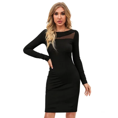 Generic Women's Knitting stretchable Solid Round Neck Full Sleeve Dress (Black) - Image 1