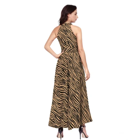 Generic Women's Polyester Zebra Pattern Halter Neck Sleeveless Dress (Yellow) - Image 2
