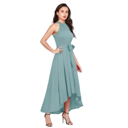 Generic Women's Polyester Solid Halter Neck Sleeveless Dress (Pista) - Image 5