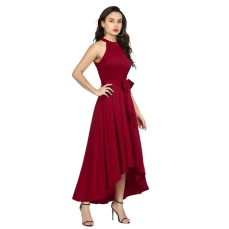 Generic Women's Polyster Solid Halter Neck Sleeveless Dress (Maroon) - Image 5