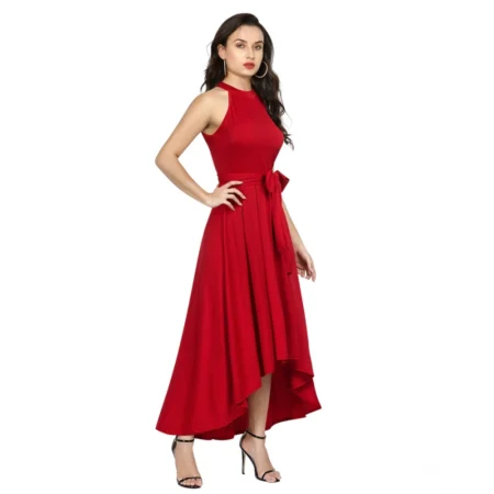 Generic Women's Polyster Solid Halter Neck Sleeveless Dress (Red) - Image 5