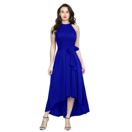 Generic Women's Polyster Solid Halter Neck Sleeveless Dress (Royal Blue) - Image 1