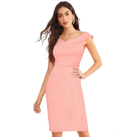 Generic Women's Knitting stretchable Solid Round Neck Sleeveless Dress (Peach) - Image 1