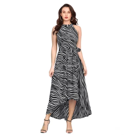 Generic Women's Polyester Zebra Pattern Halter Neck Sleeveless Dress (Navy Blue) - Image 1