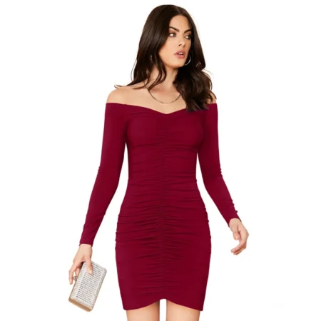 Generic Women's Knitting stretchable Solid V Neck Full Sleeve Dress (Maroon) - Image 1