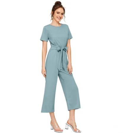 Generic Women's Knitting stretchable Solid Round Neck Cap Sleeve Jumpsuit (Pista ) - Image 4