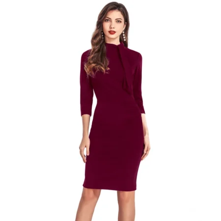 Generic Women's Knitting stretchable Solid Round Neck 3-4th Dress (Maroon) - Image 1
