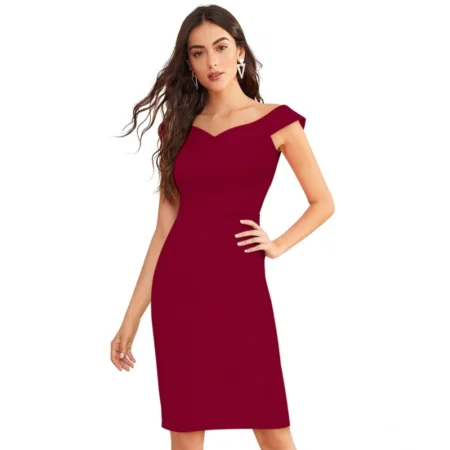 Generic Women's Knitting stretchable Solid Round Neck Sleeveless Dress (Maroon) - Image 1