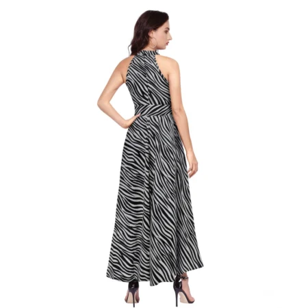 Generic Women's Polyester Zebra Pattern Halter Neck Sleeveless Dress (Navy Blue) - Image 2