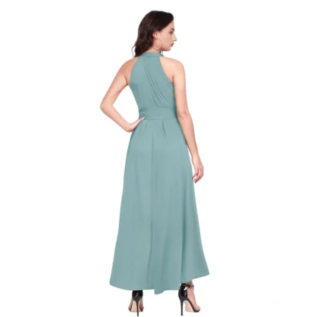 Generic Women's Polyester Solid Halter Neck Sleeveless Dress (Pista) - Image 2
