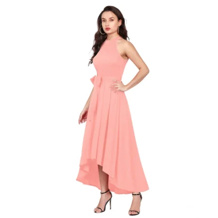 Generic Women's Polyster Solid Halter Neck Sleeveless Dress (Peach) - Image 4
