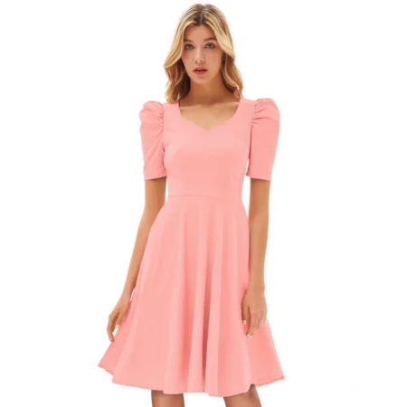 Generic Women's Knitting stretchable Solid V Neck Cap Sleeve Dress (Peach) - Image 1