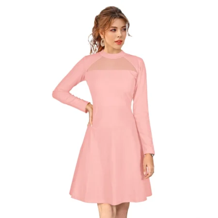 Generic Women's Knitting stretchable Solid Round Neck Full Sleeve Dress (Peach) - Image 1