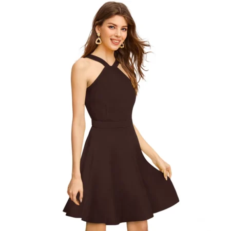 Generic Women's Knitting stretchable Solid Halter Neck Sleeveless Dress (Coffee) - Image 2