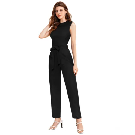 Generic Women's Knitting stretchable Solid Round Neck Sleeveless Jumpsuit (Black) - Image 1