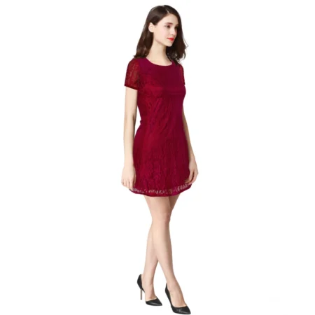 Generic Women's Rasal Solid Round Neck Cap Sleeve Dress (Maroon) - Image 4