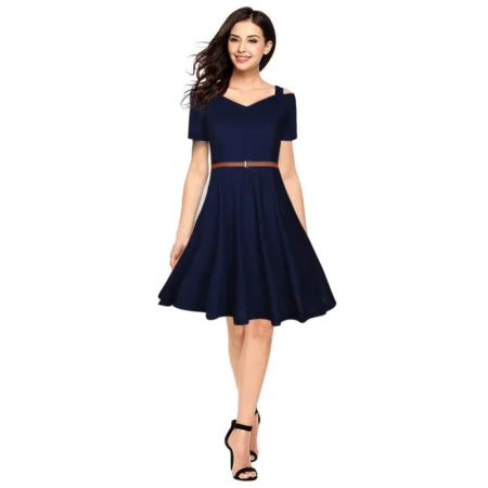 Generic Women's Polyester Solid V Neck Cap Sleeve Dress (Blue) - Image 1