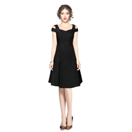 Generic Women's Polyester Solid V Neck Cap Sleeve off Shoulder Dress (Black) - Image 1