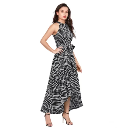 Generic Women's Polyester Zebra Pattern Halter Neck Sleeveless Dress (Navy Blue) - Image 5