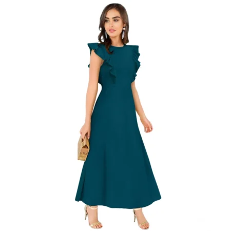Generic Women's Knitting stretchable Solid Round Neck Ruffled Sleeve Dress (Morpich) - Image 4