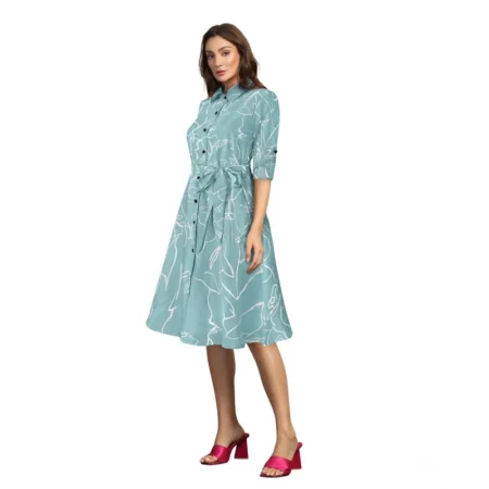 Generic Women's Ruby Cotton Printed Shirt Collar 3-4th Sleeve Dress (Pista) - Image 2