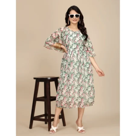 Generic Women's Georgette Printed Round Neck Short Sleeve Dress (Pink) - Image 4