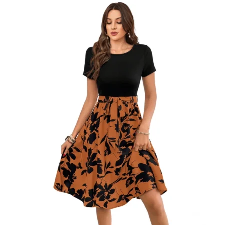 Generic Women's Knitting Printed Round Neck Short Sleeve Dress (Orange) - Image 1
