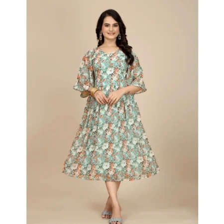 Generic Women's Georgette Printed Round Neck Short Sleeve Dress (Multicolor) - Image 1