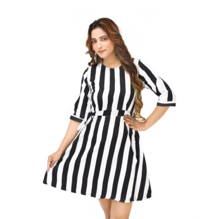Generic Women's Crep Striped Short Sleeve Dress (Black-White ) - Image 4
