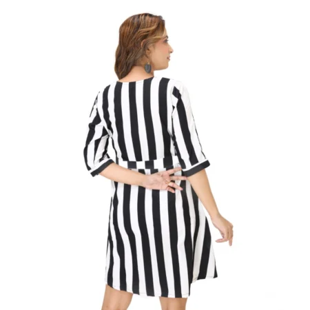 Generic Women's Crep Striped Short Sleeve Dress (Black-White ) - Image 3