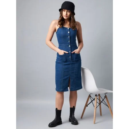 Generic Women's Denim Lycra Solid Square Neck Shoulder Straps Dress (Blue) - Image 1