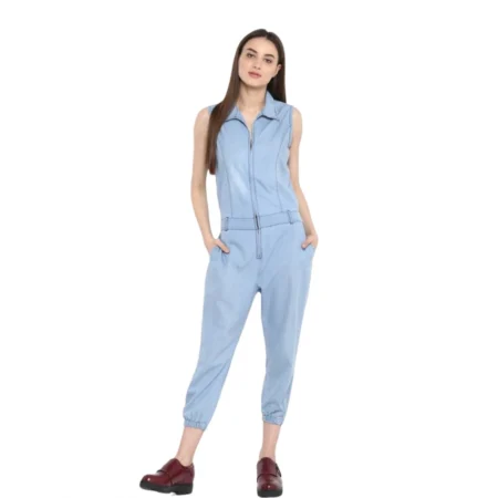 Generic Women's Denim Solid Sleeveless Jumpsuit (Blue) - Image 1