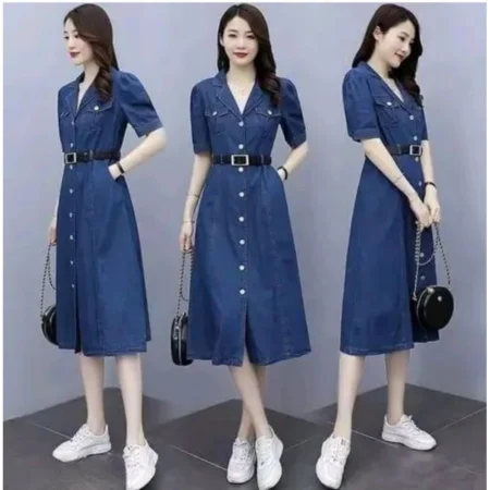 Generic Women's Casual Denim Half Sleeves Dress (Blue) - Image 5