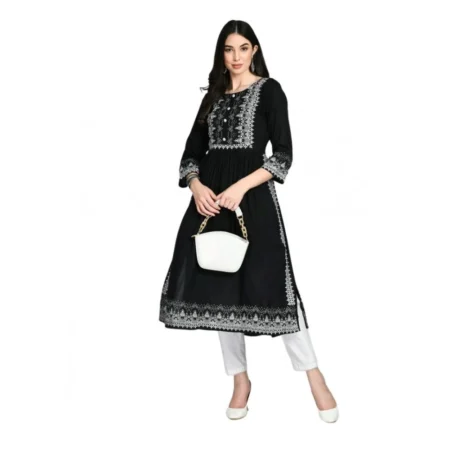 Generic Women's Casual Rayon 3-4th Sleeves Kurti (Black) - Image 1