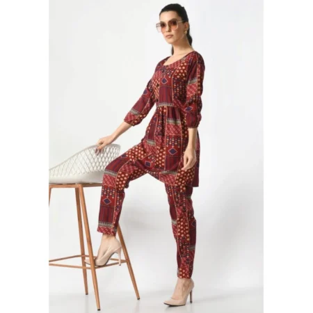 Generic Women's Casual Crepe 3-4th Sleeves Cord Set (Maroon) - Image 5