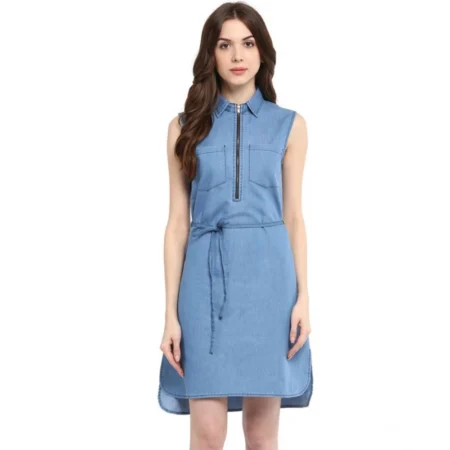 Generic Women's Denim Solid Sleeveless Dress (Blue) - Image 1