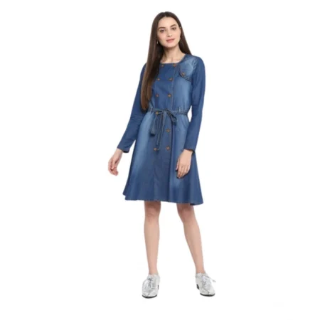 Generic Women's Denim Washed Regular Sleeves Dress (Blue) - Image 1