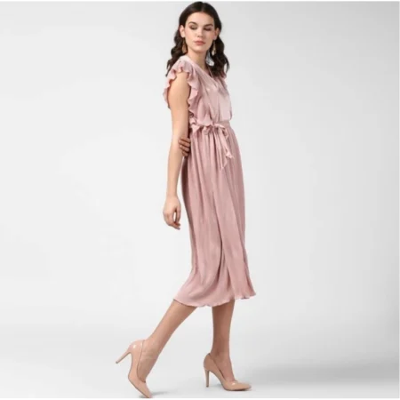 Generic Women's Polyester Pleated Flutter Dress (Champagne Gold) - Image 3